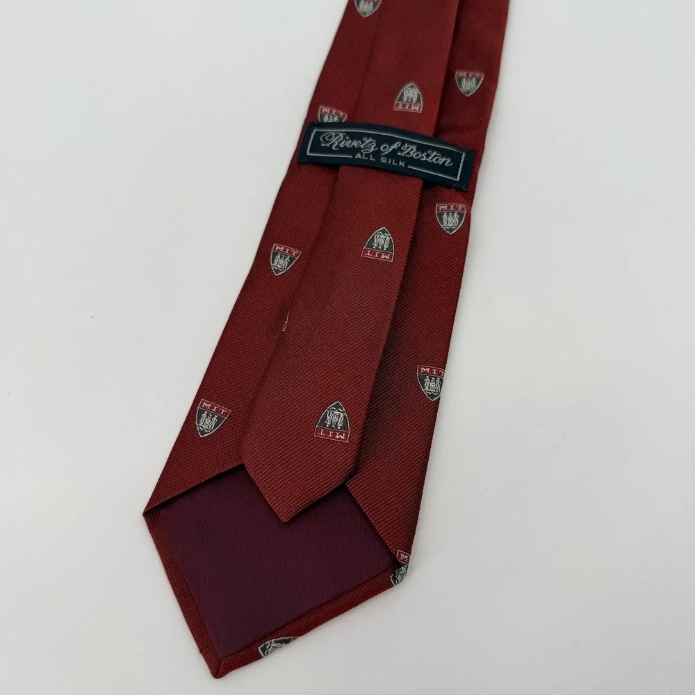 Vtg 90s Rivetz of Boston Tie Mens Silk MIT Crest Logo Burgundy Red Necktie Ivy